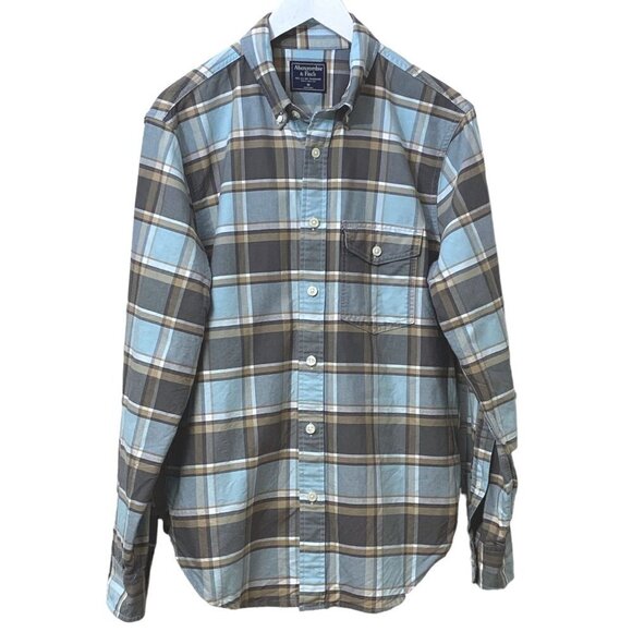 ABERCROMBIE & FITCH Mens Shirt Light Blue Tan Plaid Long Sleeve Cotton Button up - Picture 2 of 12